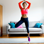 **Image Prompt:** Woman doing jumping jacks in her living room, bright and energetic atmosphere, fitness at home, wearing workout clothes.