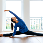 **

"A woman doing yoga at home in a bright and airy room, wearing modest athletic clothing, fully clothed, practicing a stretching pose, safe for work, perfect anatomy, correct proportions, natural pose, family-friendly, high quality, professional photography, home interior background."

**