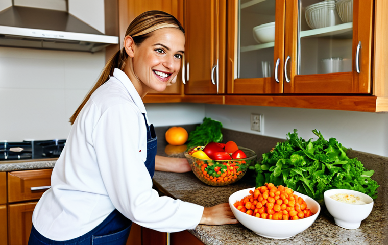 Diet Focus**

"A brightly lit kitchen scene, featuring a woman in comfortable, modest clothing, preparing a colorful salad with various fruits and vegetables. She is smiling and appears energetic. In the background, there are healthy ingredients like lentils, yogurt, and whole grains. The overall tone is positive and encouraging, promoting healthy eating habits. safe for work, appropriate content, fully clothed, professional, perfect anatomy, natural proportions"

**