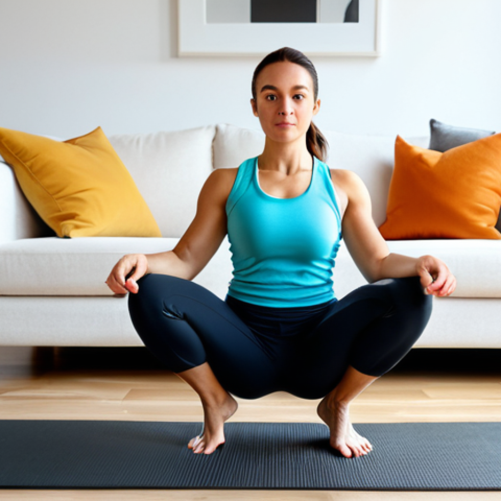 Home Workout**

"A woman in modest athletic wear, fully clothed, performing a squat in a bright living room, yoga mat on the floor, safe for work, appropriate content, perfect anatomy, natural pose, family-friendly, high-quality rendering."

**