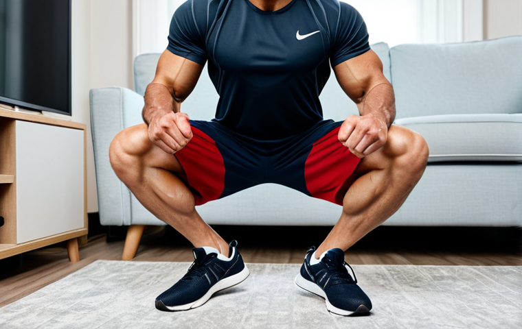 홈트 운동 루틴 피드백 - **

"A professional fitness instructor demonstrating a proper squat technique at home, fully clothed...