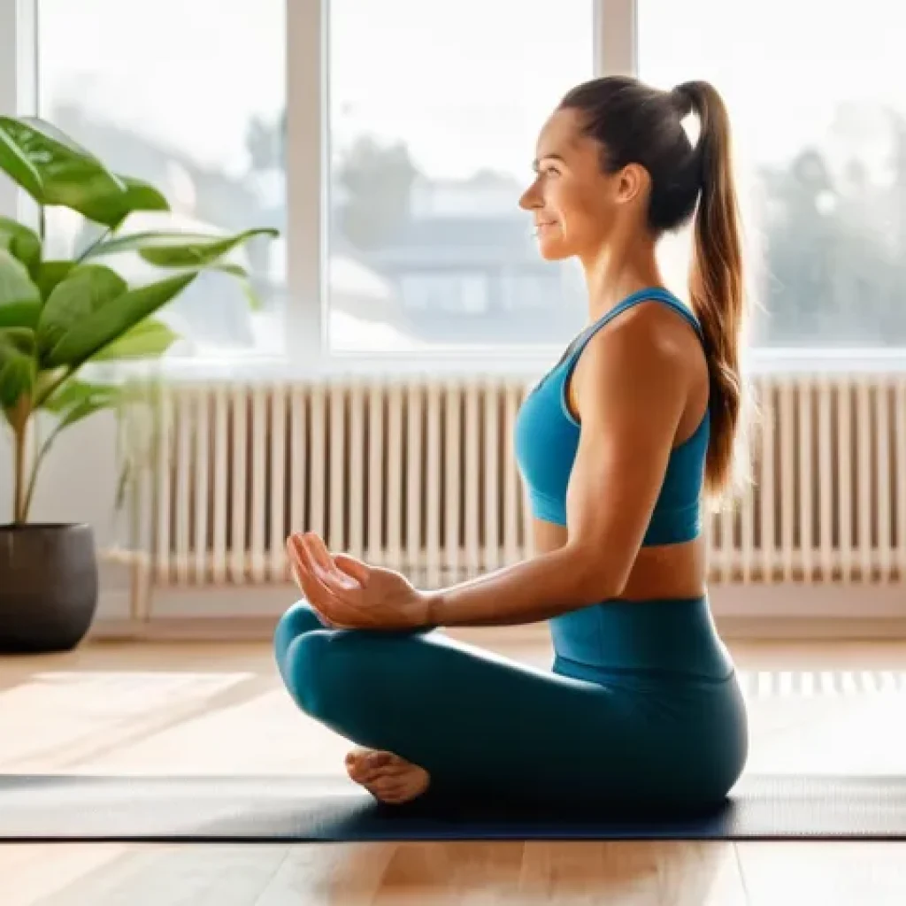 홈트 집에서 운동할 때 장비 없이 - **Home Fitness Warm-up & Setup:**
    "A bright, naturally lit living room space. A motivated woman ...