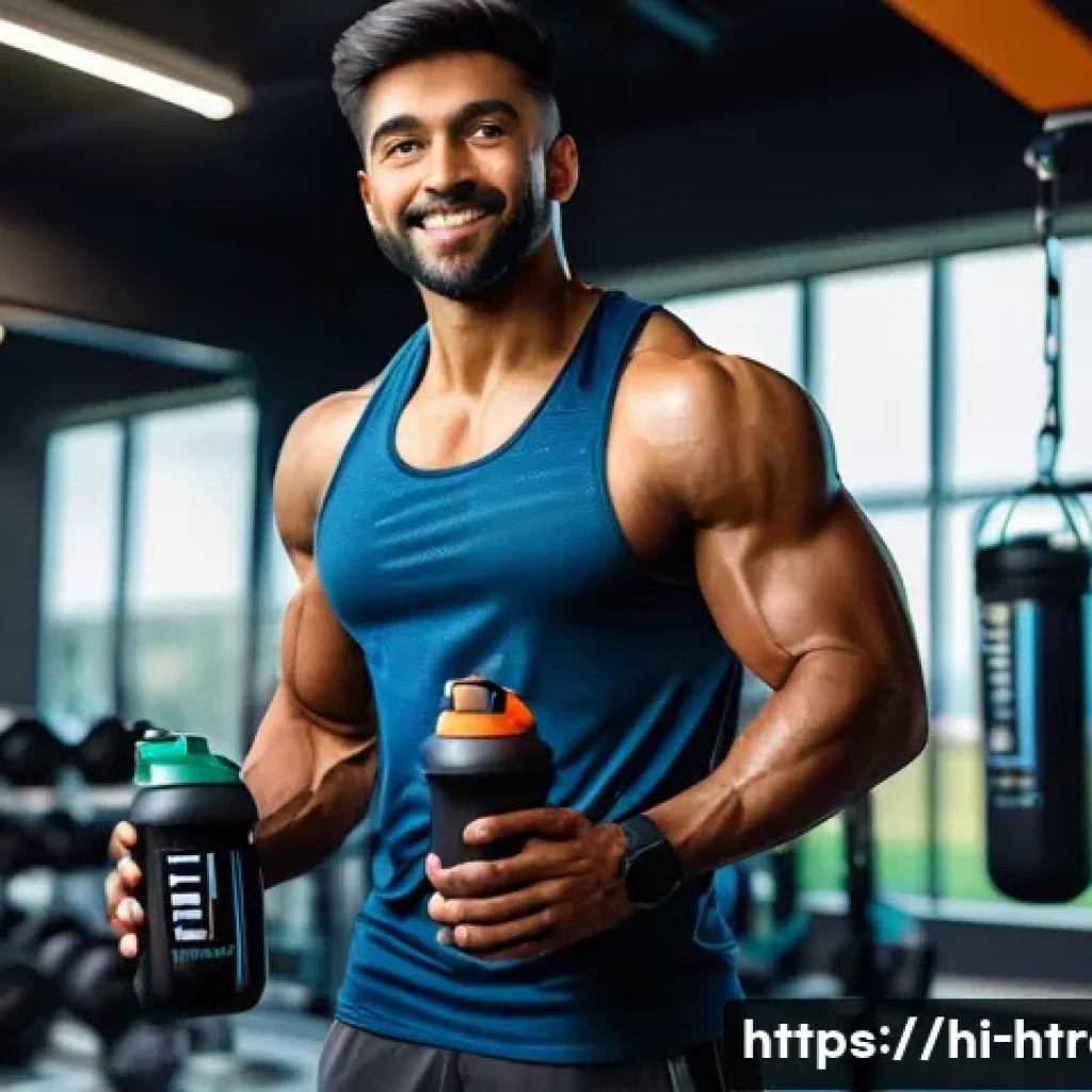 홈트 운동을 위한 영양 보충제 - A vibrant gym scene featuring a young Indian man post-workout, wearing breathable athletic shorts an...