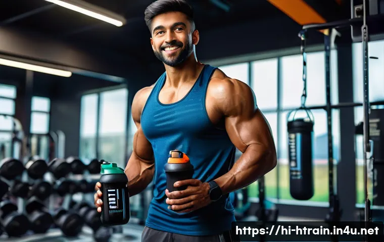 홈트 운동을 위한 영양 보충제 - A vibrant gym scene featuring a young Indian man post-workout, wearing breathable athletic shorts an...
