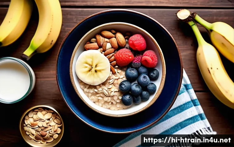 홈트 운동 전후 영양 섭취 - A vibrant and colorful flat lay of healthy pre-workout foods popular among Hindi-speaking individual...