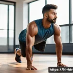 Home 22 홈트 버피 - A fit Indian man in his 30s performing a burpee exercise in a bright, spacious gym with wooden floor...
