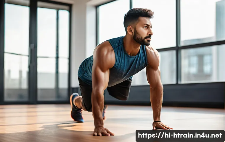 홈트 버피 - A fit Indian man in his 30s performing a burpee exercise in a bright, spacious gym with wooden floor...