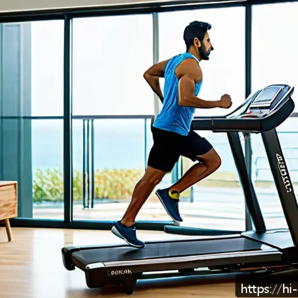 홈트 운동 기계 추천 - A modern home gym setup featuring a compact treadmill in use by a middle-aged Indian man wearing com...