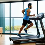 Home 21 홈트 운동 기계 추천 - A modern home gym setup featuring a compact treadmill in use by a middle-aged Indian man wearing com...