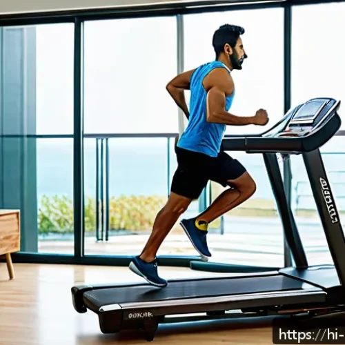 Home 33 홈트 운동 기계 추천 - A modern home gym setup featuring a compact treadmill in use by a middle-aged Indian man wearing com...