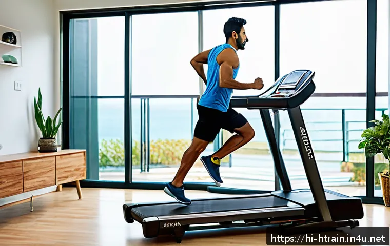 홈트 운동 기계 추천 - A modern home gym setup featuring a compact treadmill in use by a middle-aged Indian man wearing com...