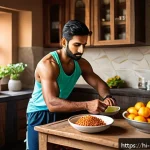 Home 19 홈트 운동을 위한 식사 전후 습관 - A vibrant and detailed image of a traditional Indian kitchen scene featuring a young Hindi-speaking ...