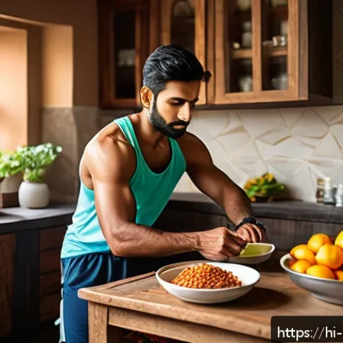 Home 31 홈트 운동을 위한 식사 전후 습관 - A vibrant and detailed image of a traditional Indian kitchen scene featuring a young Hindi-speaking ...