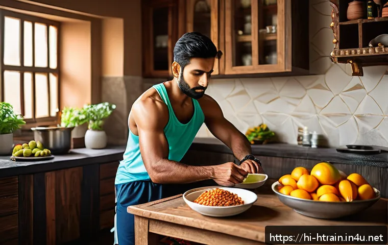 홈트 운동을 위한 식사 전후 습관 - A vibrant and detailed image of a traditional Indian kitchen scene featuring a young Hindi-speaking ...