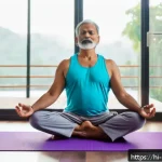 Home 23 홈트 운동으로 얻을 수 있는 장기적인 효과 - A serene home workout scene featuring a middle-aged Indian man practicing yoga on a purple yoga mat ...