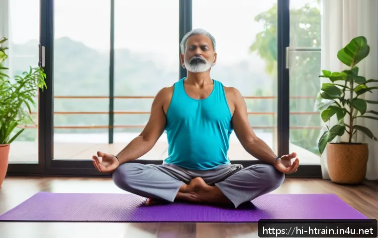 홈트 운동으로 얻을 수 있는 장기적인 효과 - A serene home workout scene featuring a middle-aged Indian man practicing yoga on a purple yoga mat ...