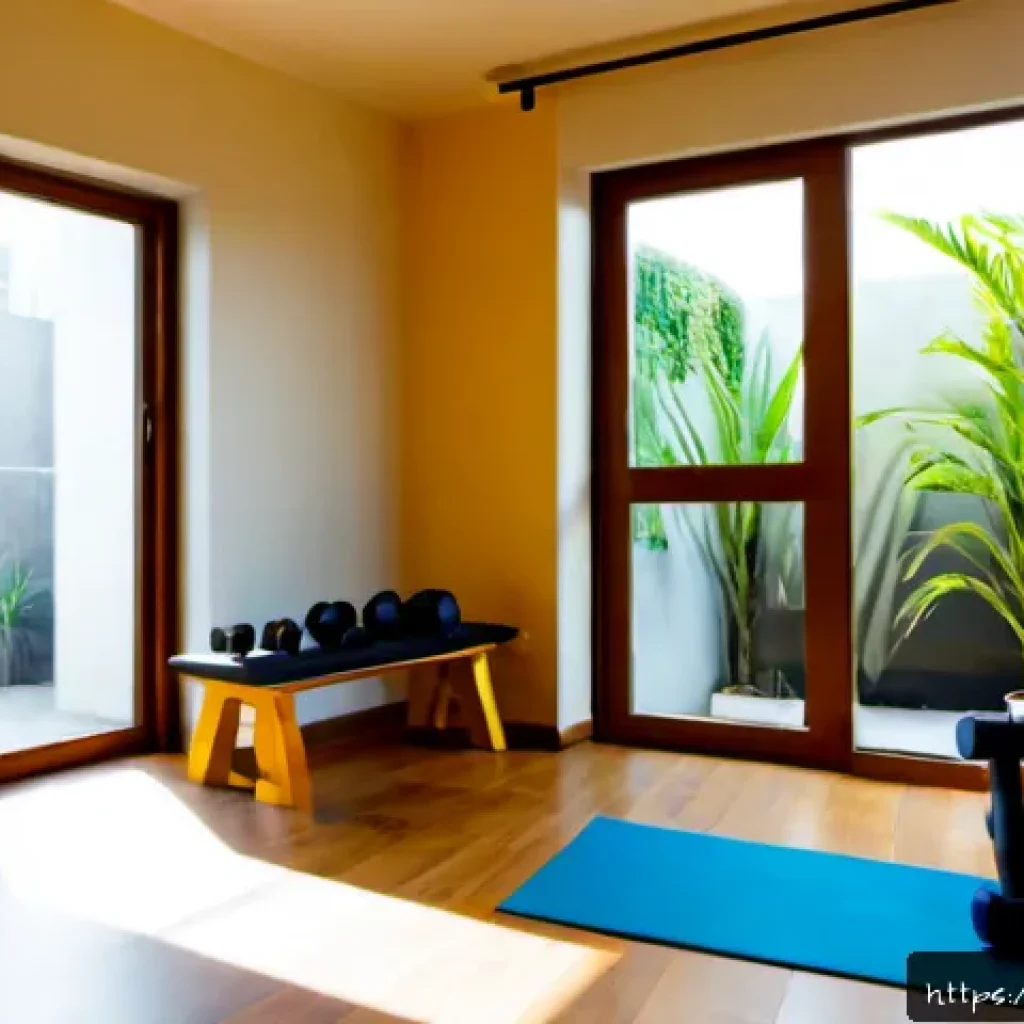 홈트 홈짐 꾸미기 - Photorealistic modern home gym in a spacious Indian apartment living room, warm morning sunlight thr...