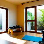 홈트 홈짐 꾸미기 - Photorealistic modern home gym in a spacious Indian apartment living room, warm morning sunlight thr...