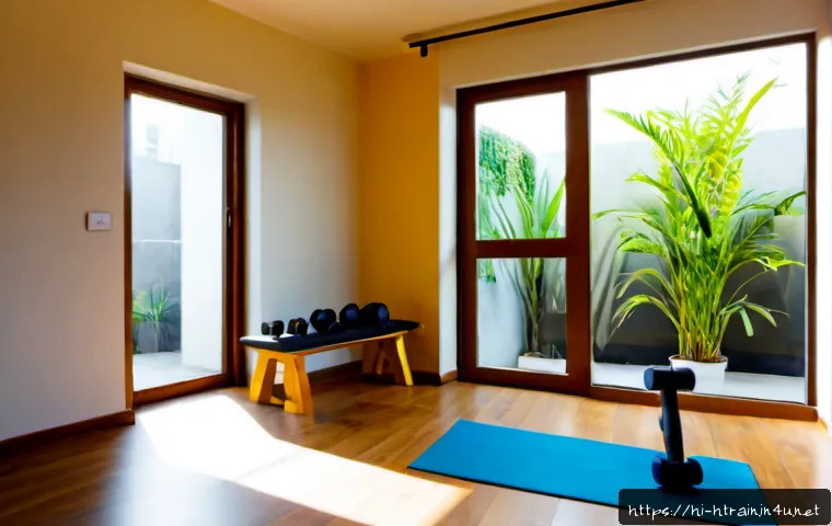 홈트 홈짐 꾸미기 - Photorealistic modern home gym in a spacious Indian apartment living room, warm morning sunlight thr...